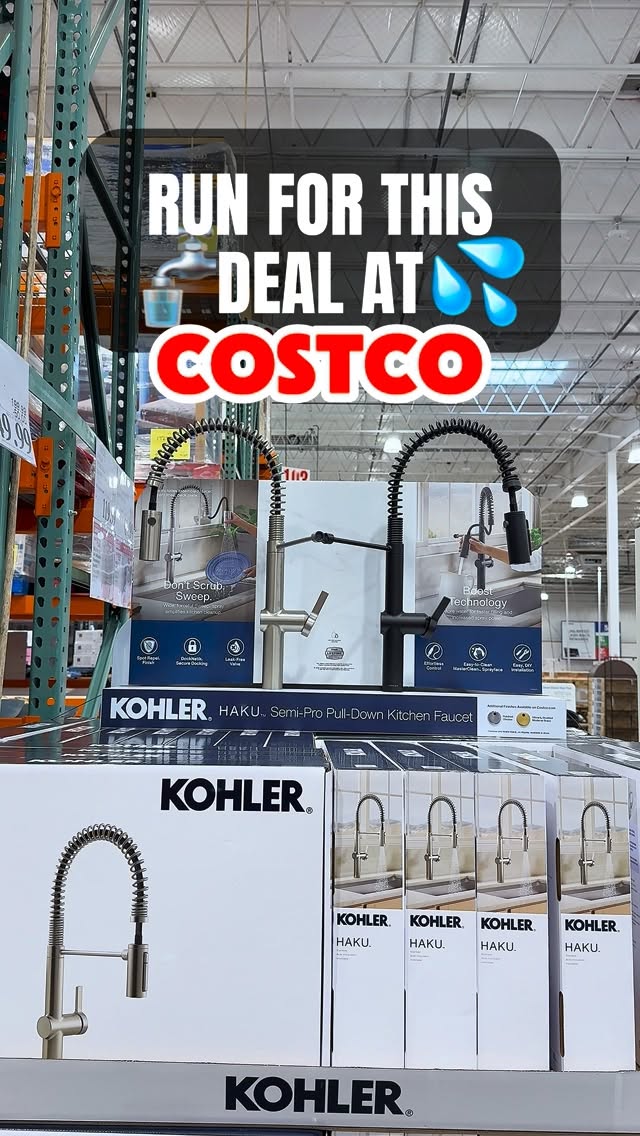 Instagram post by @costcowonders for KOHLER. Caption reads: Costco just stocked the Kohler Haku kitchen faucet....
