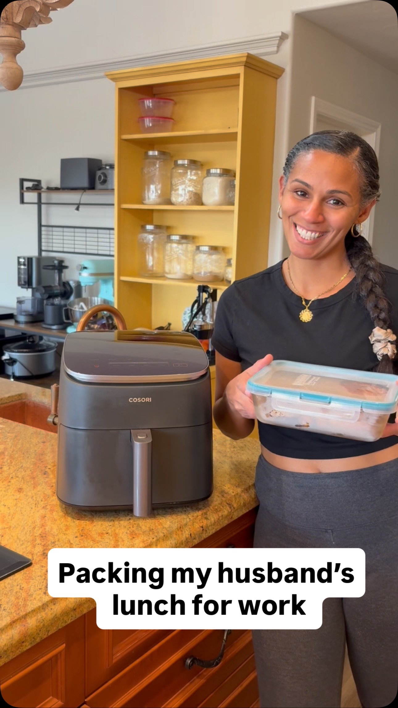 Instagram post by @rosalea619 for COSORI. Caption reads: Who else makes their chicken sandwiches in the air....