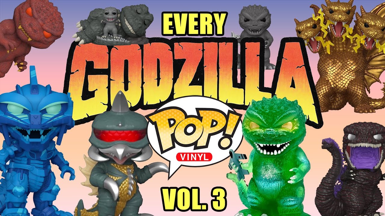 YouTube post by @MonsterIslandBuddies for Zazzle. Caption reads: Every Godzilla Funko Pop Vinyl (Vol. 3).