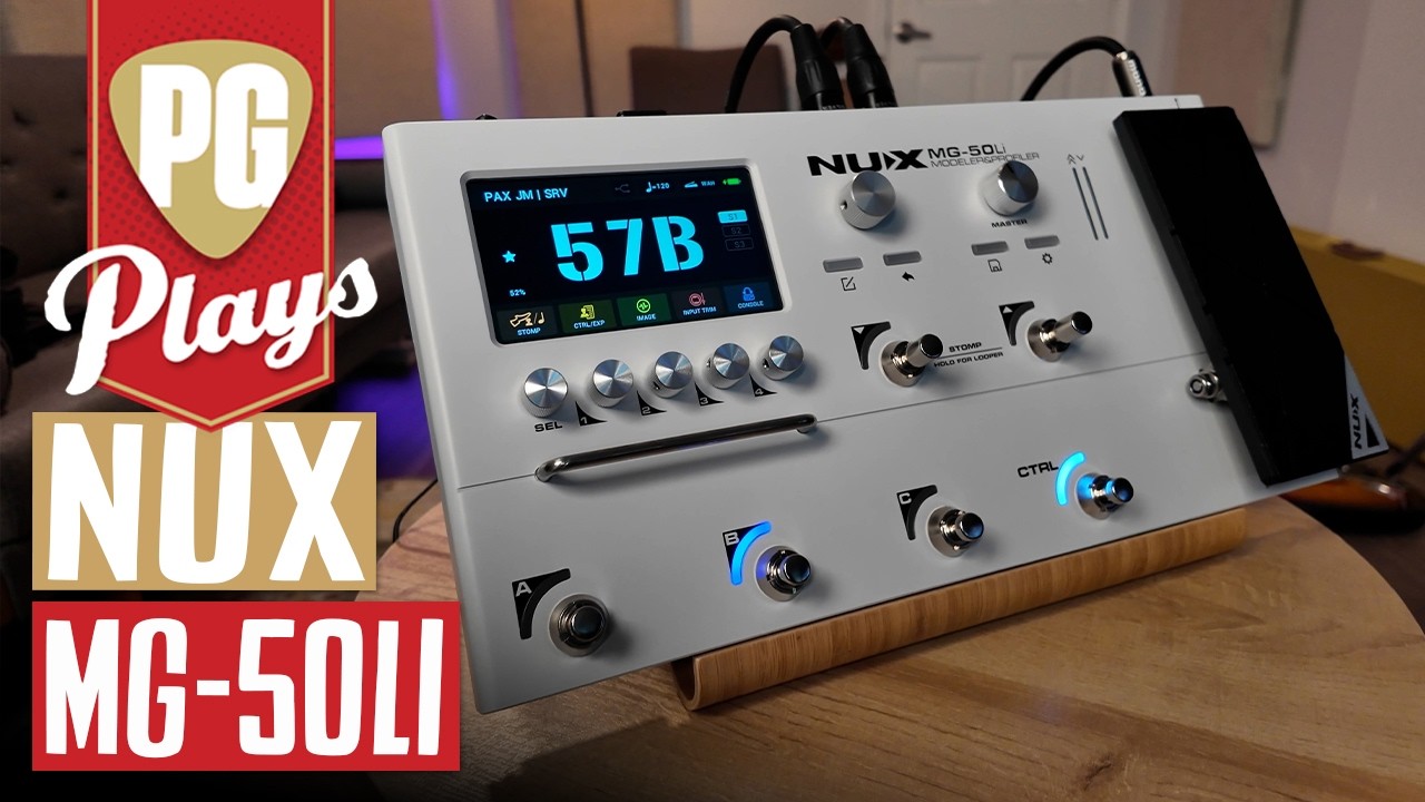 YouTube post by @premierguitar for Sweetwater Integration. Caption reads: The NUX MG-50Li Does It All...And the Battery Is....