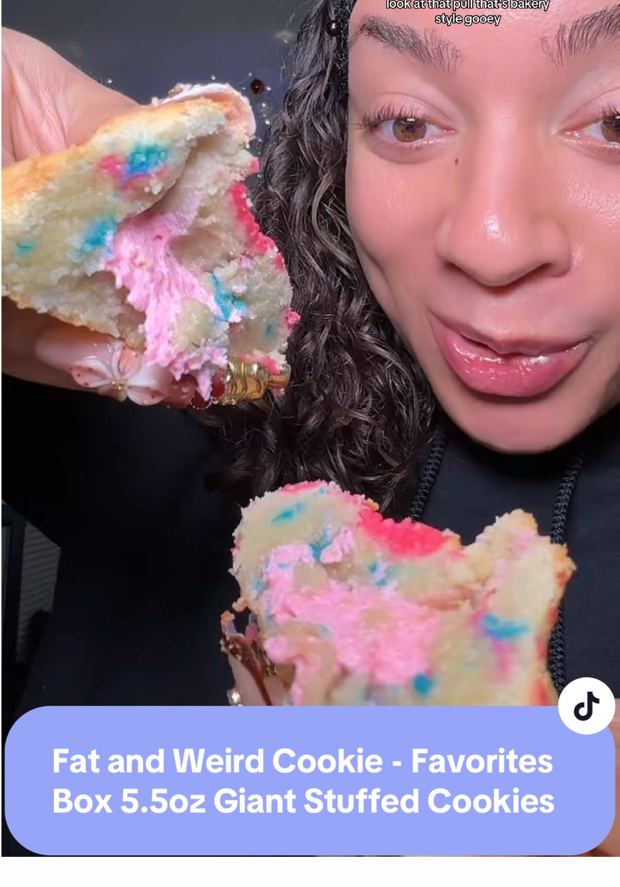 TikTok post by @leeleesfavfinds for Fat & Weird Cookie. Caption reads: [...] #fatandweirdcookies #gooeycookies @Fat &....