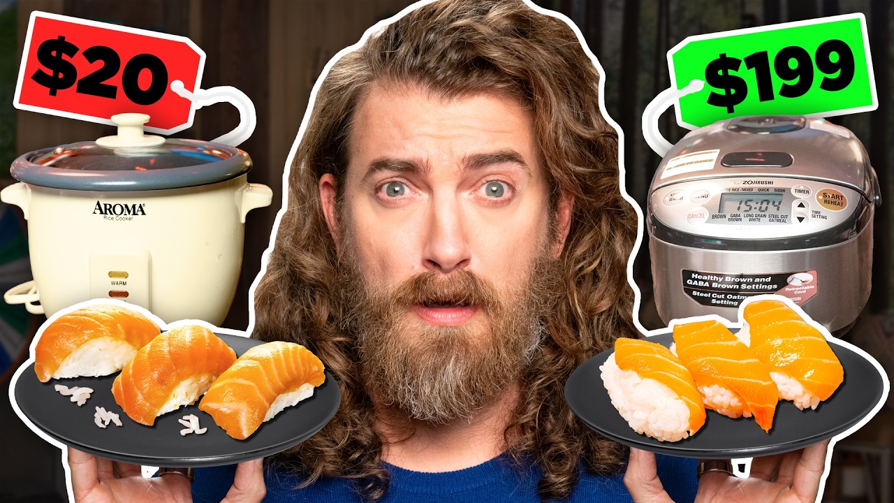 YouTube post by @GoodMythicalMorning for Mythical. Caption reads: Cheap Vs. Expensive Rice Cooker Taste Test.