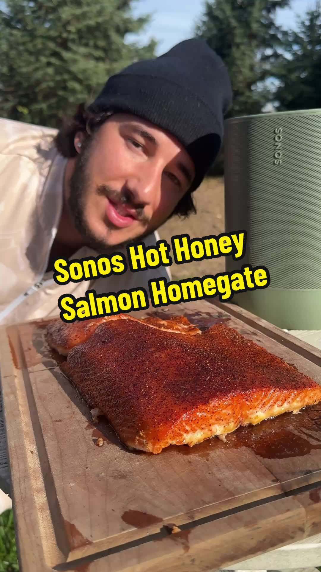 TikTok post by @chefcuso for Sonos. Caption reads: Hot Honey Salmon Homegate amplified with @Sonos....