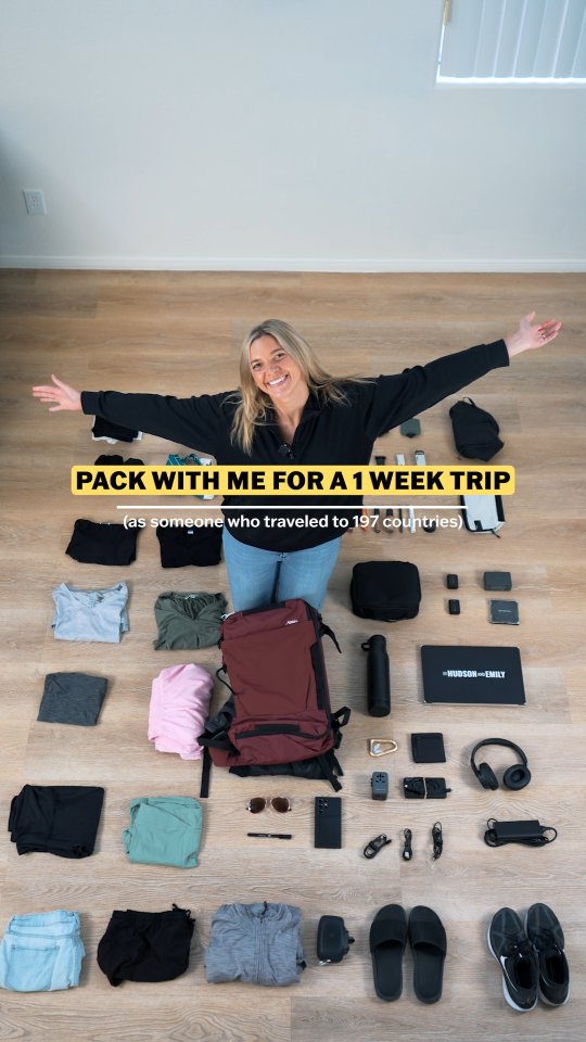 Instagram post by @hudsonandemily for Matador Equipment. Caption reads: Will this all fit into my backpack? Comment....