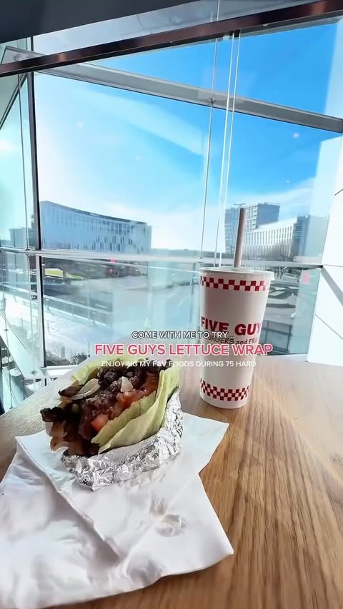 Instagram post by @oliviabroadbentt for Five Guys Burgers & Fries. Caption reads: okay my new fav obsession 🍔🥬 genuinely a 10/10…....