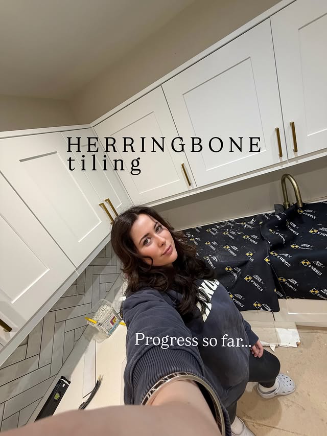 Instagram post by @renovate_with_emma for STABILA. Caption reads: Not bad for my 2nd ever herringbone attempt,....