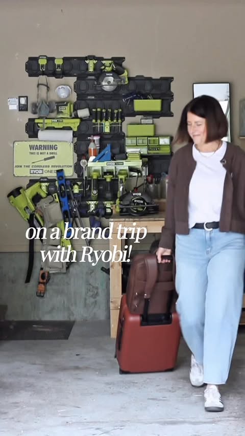 Instagram post by @dinasdigs for RYOBI Tools USA. Caption reads: Who would’ve thought picking up power tools for....