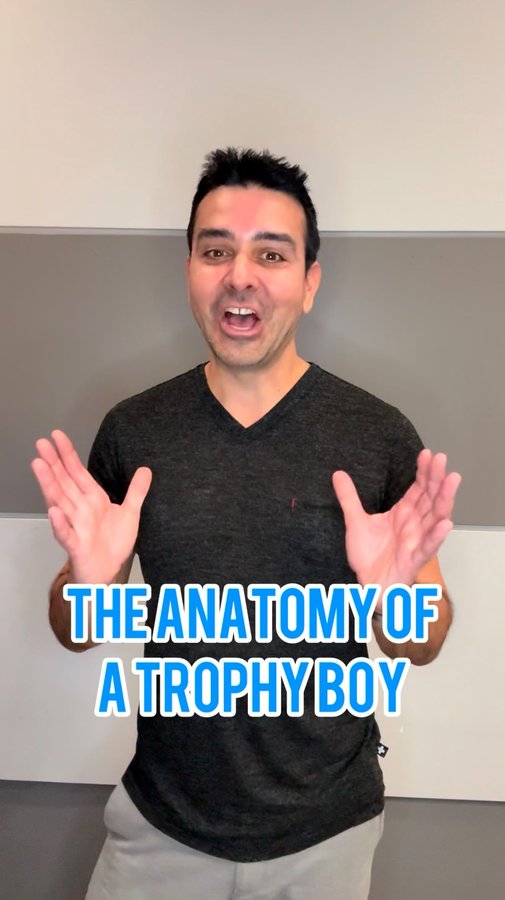 Instagram post by @theandrewchristian for Andrew Christian. Caption reads: The Anatomy of a Trophy Boy! 🏆🍆 Size really does....