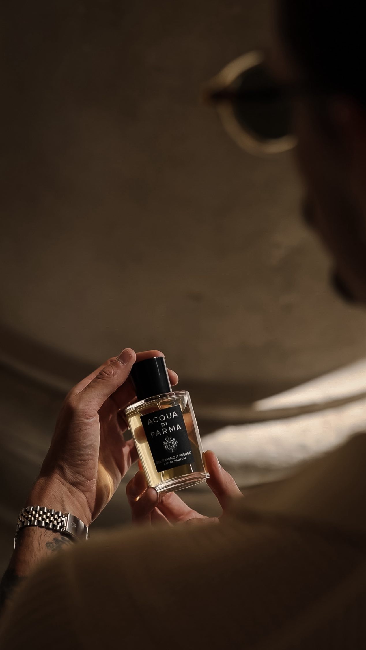 Instagram post by @manuel.fiori for Acqua di Parma. Caption reads: Acqua di Parma – Gelsomino a Freddo. Crafted from....