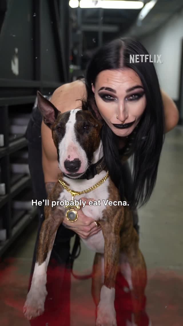 Instagram post by @itsmebayley for WWE. Caption reads: Rhea Ripley and her dog Barry are definitely....