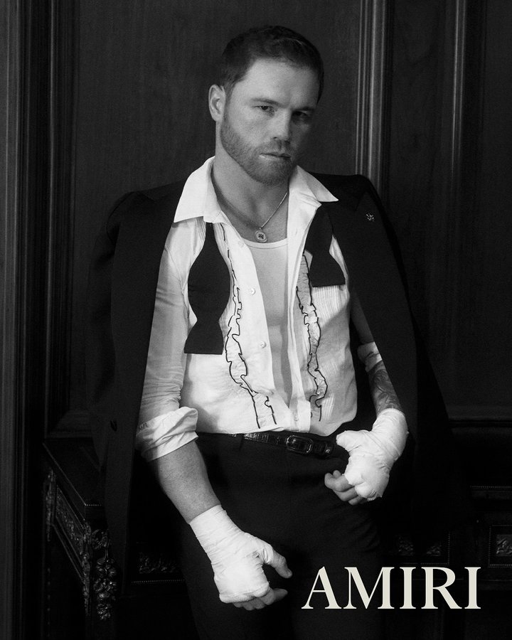 Instagram post by @canelo for AMIRI. Caption reads: [...] everywhere, world champion boxer and AMIRI....