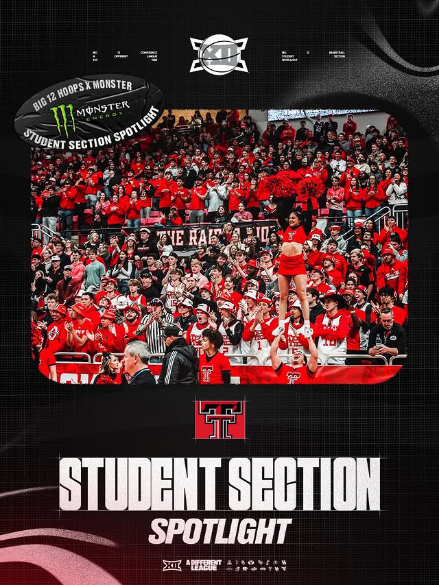 Instagram post by @raiderriot for Big 12 Conference. Caption reads: Big 12 Hoops x @monsterenergy Student Section....
