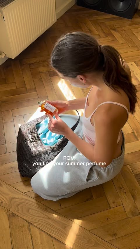 Instagram post by @karlotta.emilie for Maison Margiela Fragrances. Caption reads: [...] a whole summer 🥭🏝️🪭....