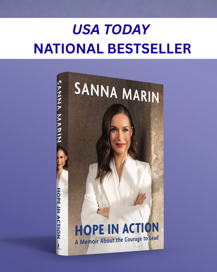 Instagram post by @sannamarin for Simon & Schuster. Caption reads: Congratulations to Sanna Marin's HOPE IN ACTION,....