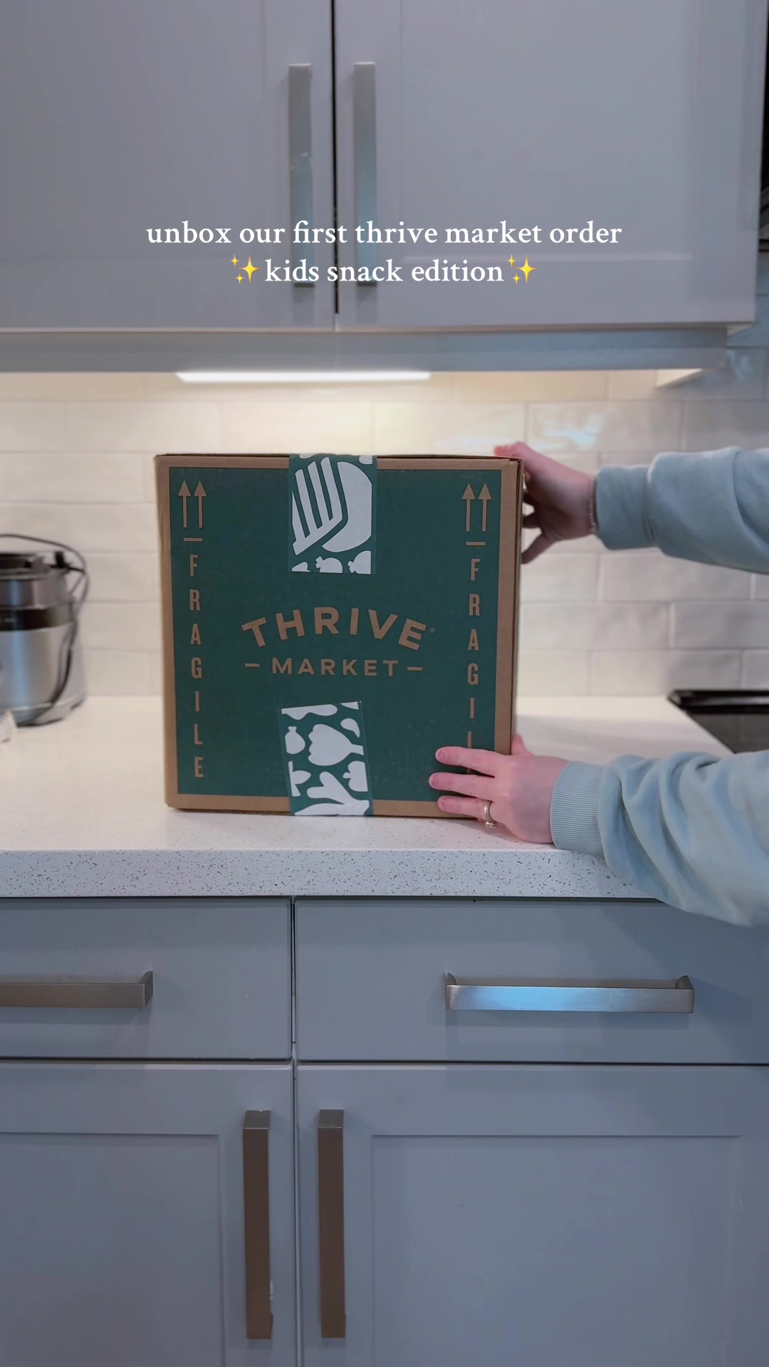 TikTok post by @the.praganos for Partake Foods. Caption reads: unbox our first @Thrive Market order 🤍✨ this box....