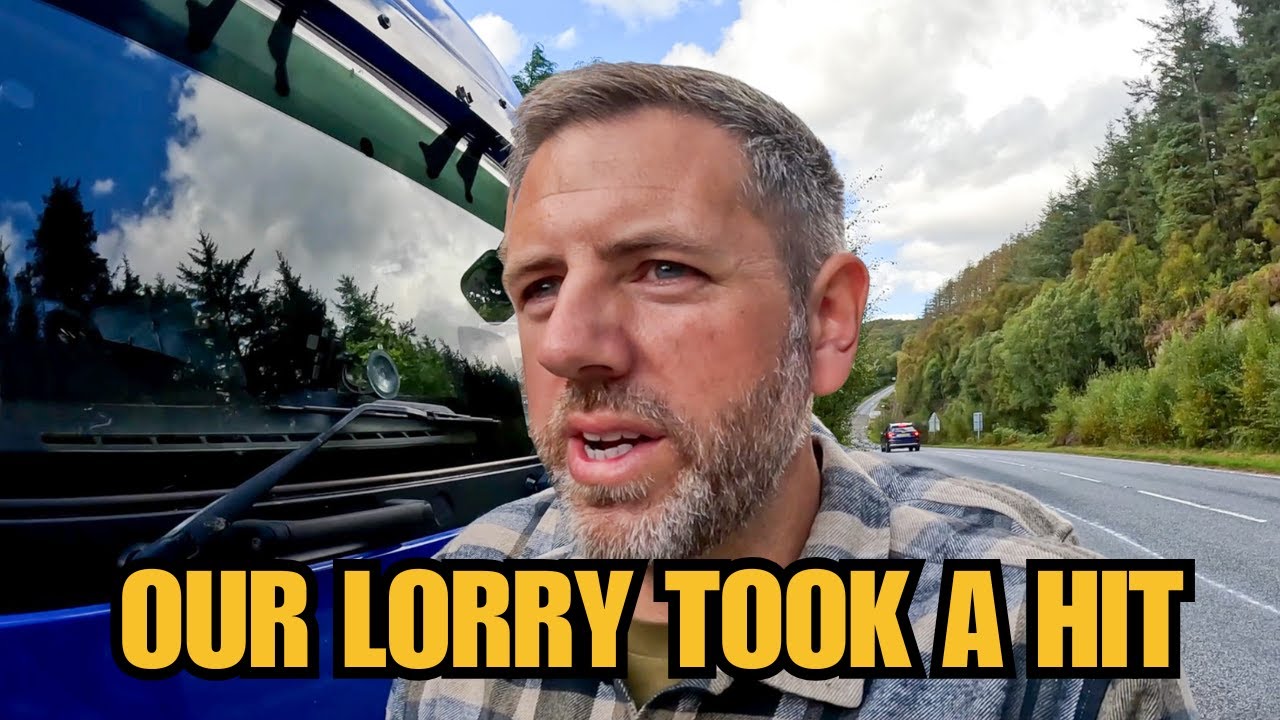YouTube post by @Touringwiththekids for JustGiving. Caption reads: We SMASHED Our Lorry on the Way to Scottish Beauty....