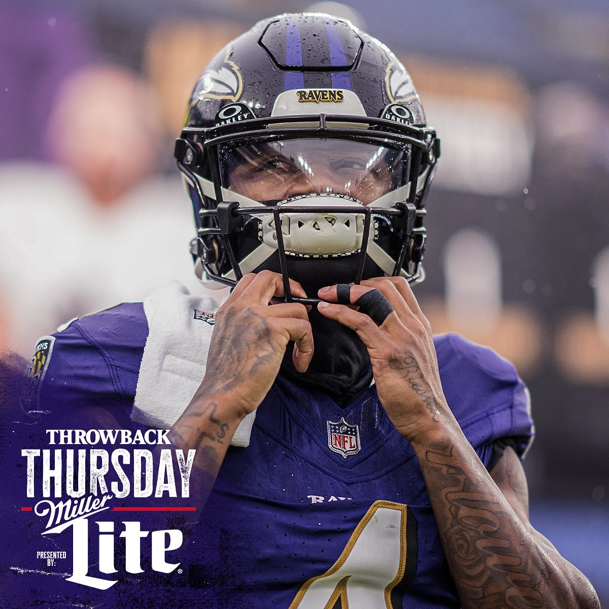 Instagram post by @ravens for Miller Lite. Caption reads: Rainy days #tbt.