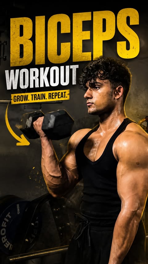 Instagram post by @dinesh_hanma_ for MuscleBlaze. Caption reads: BICEP WORKOUTS WITH ONLY DUMBBELLS 💪 @muscleblaze....