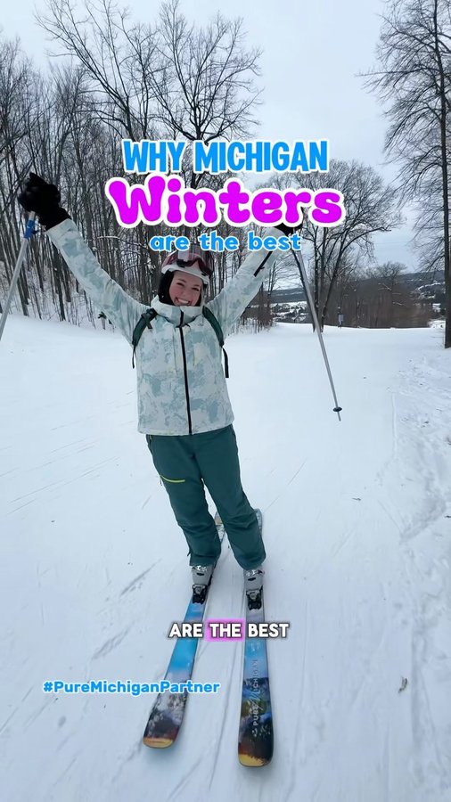 Instagram post by @thewanderingmichigander for Pure Michigan. Caption reads: Partnering up with @puremichigan and @shaggys_skis....