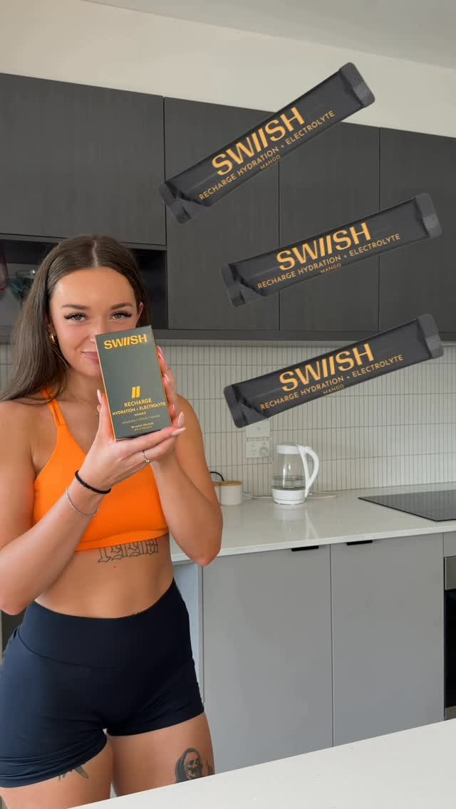 Instagram post by @sparkleprincess96 for SWIISH. Caption reads: Post-workout essential 🥭💧 @swiish Mango....