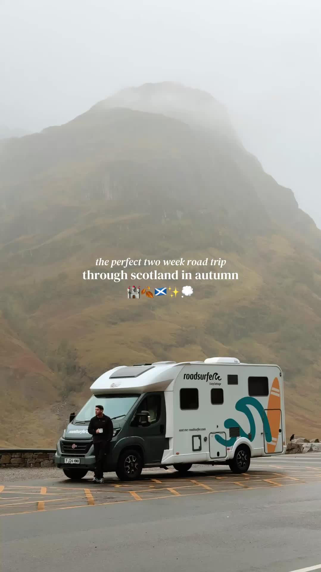 TikTok post by @theunexploredbackyard for roadsurfer. Caption reads: ad Tap for the ultimate autumn Scotland road trip....