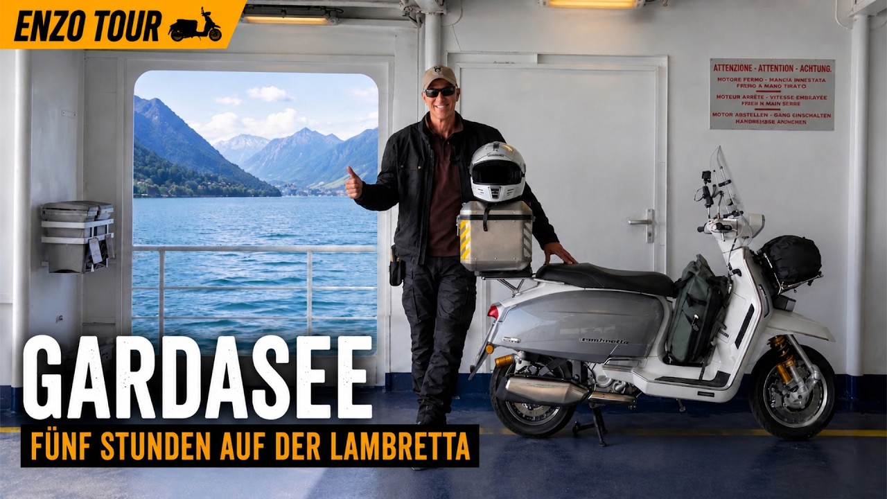 YouTube post by @Scooteria for Carpuride. Caption reads: Lake Garda reached! Ferry instead of detour &....