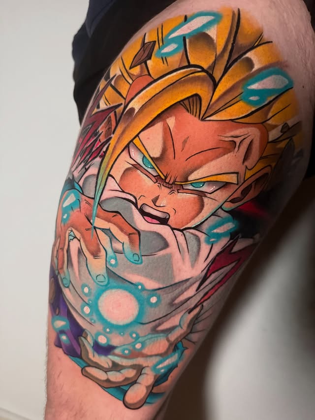 Instagram post by @aleksan_tattoo for Pepax Official. Caption reads: GOHAN SSJ2• Hecho en @multiverso_tattoo_mataro....