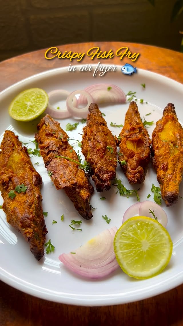 Instagram post by @chinus.kitchen_ for AGARO Lifestyle. Caption reads: Easy Delicious Fish Fry In Air Fryer....