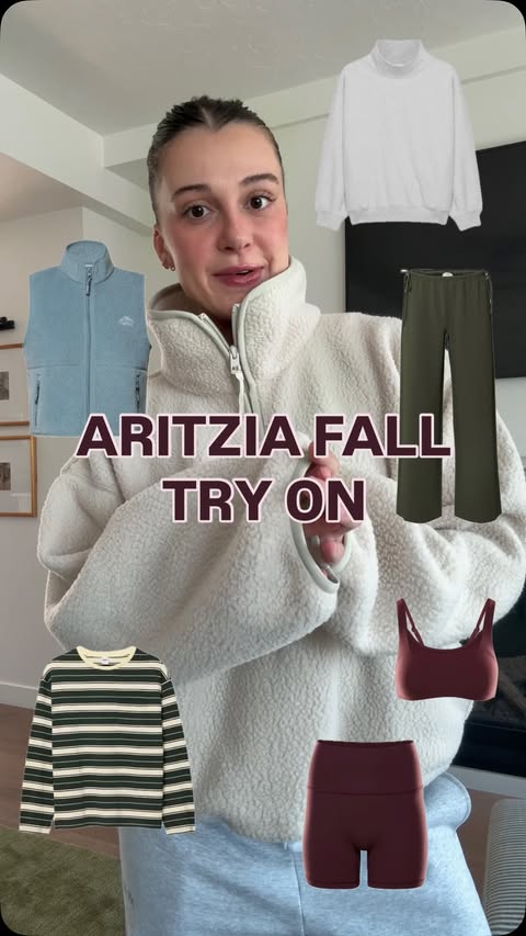 Instagram post by @madelinelikesclothes for Aritzia. Caption reads: It’s fall bc @aritzia said so! 🍁🍏🤏🏼 comment....