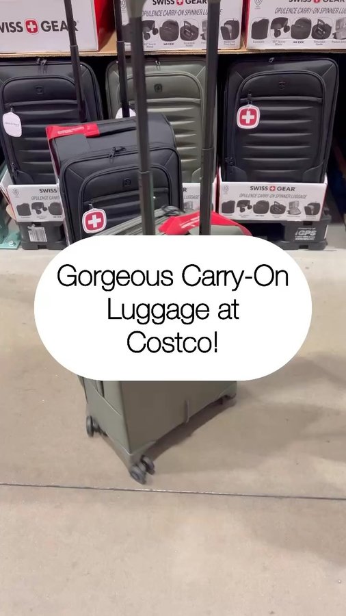 Instagram post by @costcohotfinds for SWISSGEAR. Caption reads: ✈️ New carry-on luggage at Costco! The @SWISSGEAR....