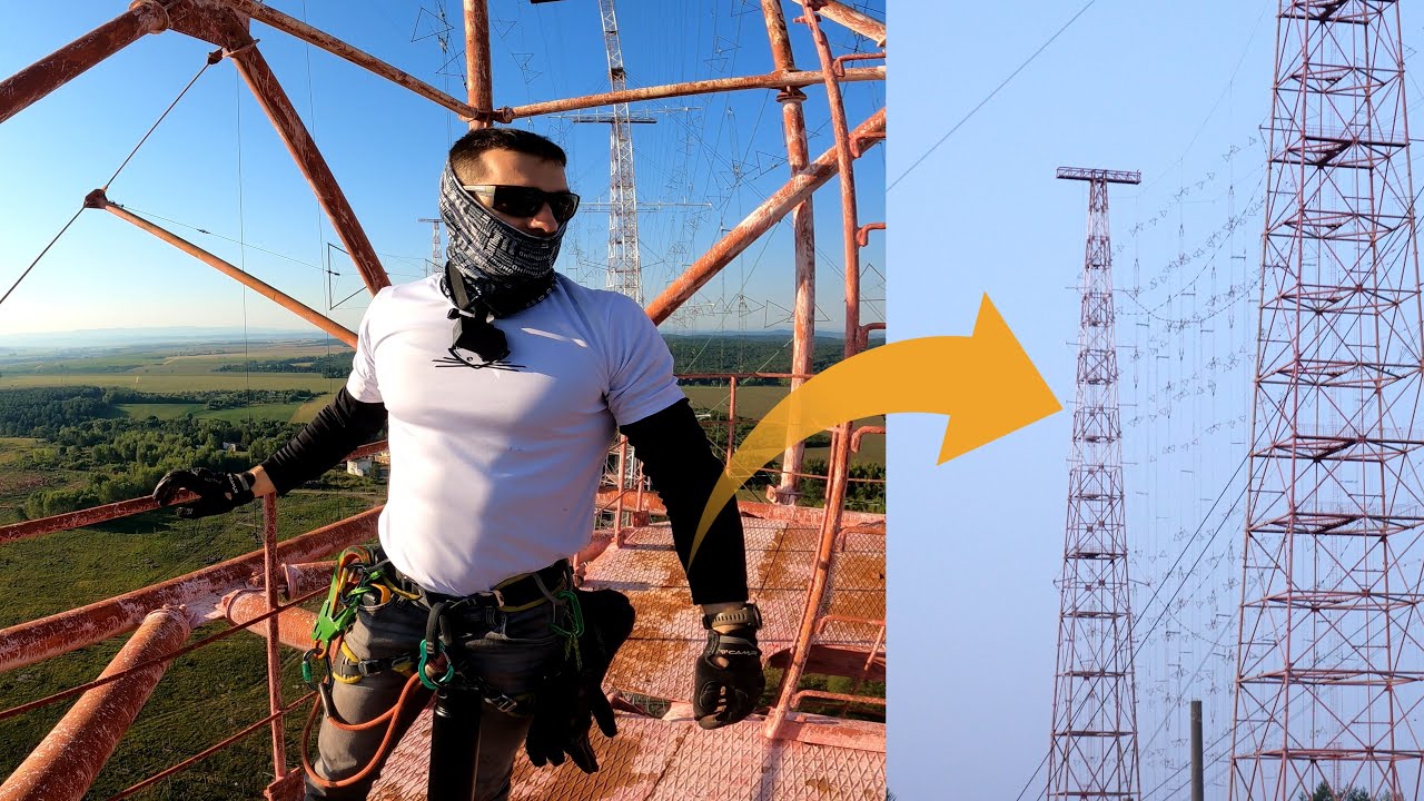 YouTube post by @BNTvideo for E-Militaria. Caption reads: BNT 430 Climbing Downed Antennas / URBEX.