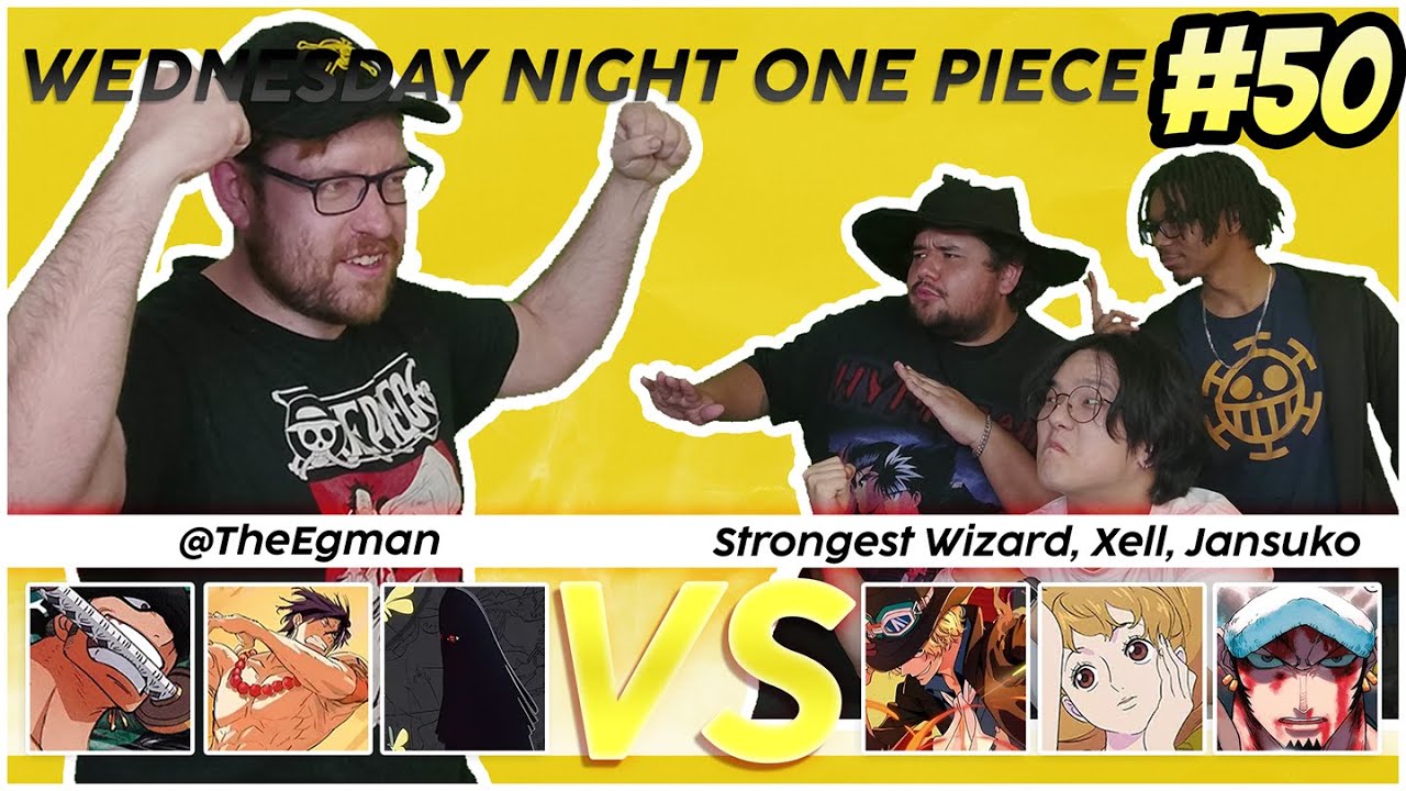 YouTube post by @TheEgman for Doomlings. Caption reads: Wednesday Night One Piece Card Game: 50th Episode....