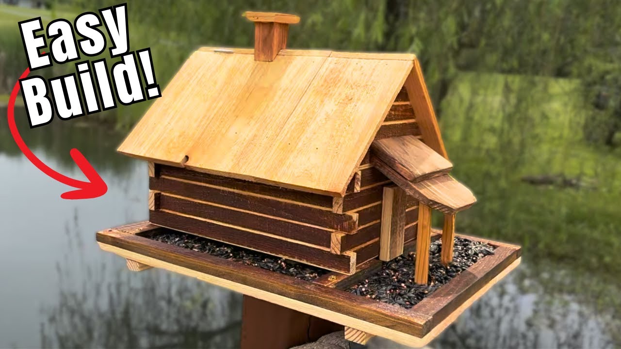 YouTube post by @MatthewPeechWoodworking for RZ Mask. Caption reads: Easy DIY Cabin Bird Feeder Anyone Can Make!.