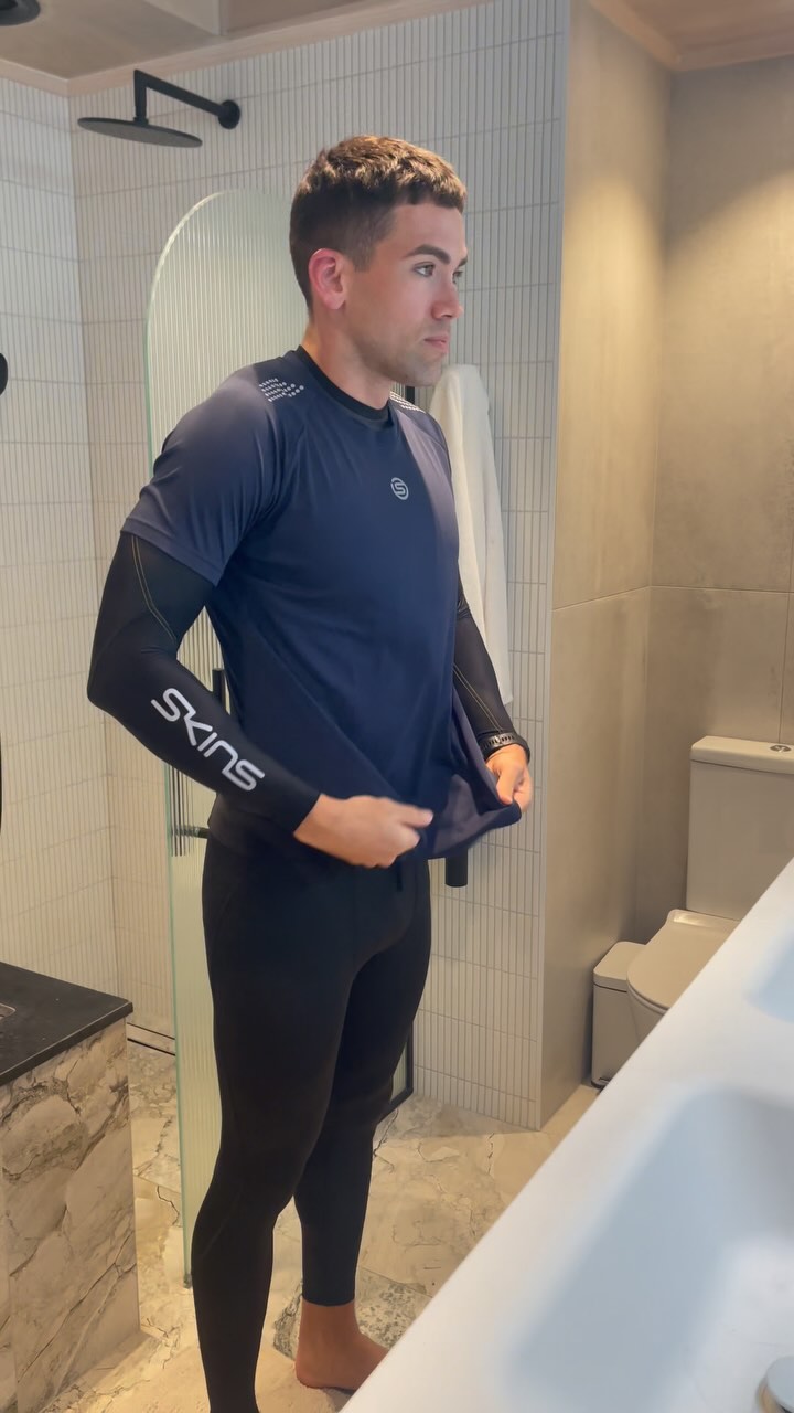 Instagram post by @alvaro_pasek for SKINS Compression. Caption reads: Body is feeling battered following yesterday’s....
