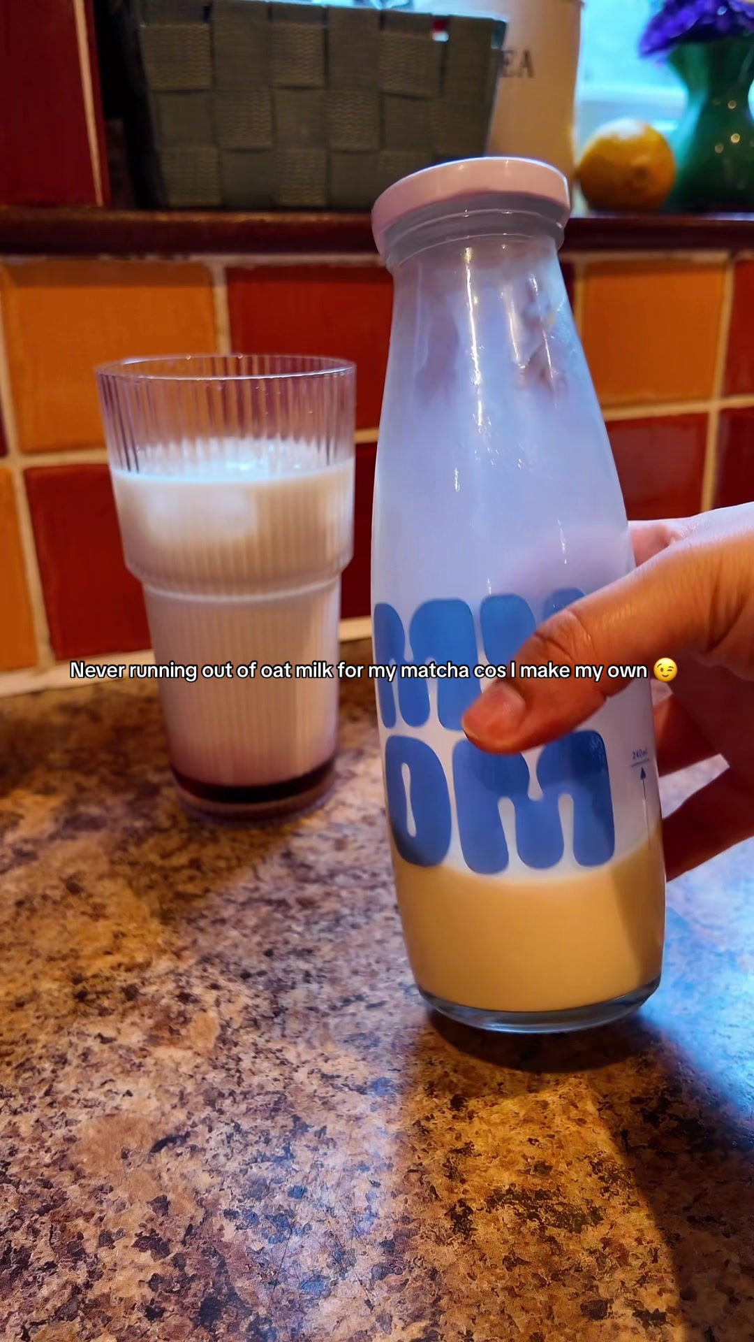 TikTok post by @janet.osayande for MYOM. Caption reads: [...] a game changer! #oatmilk #matchaathome #myom....
