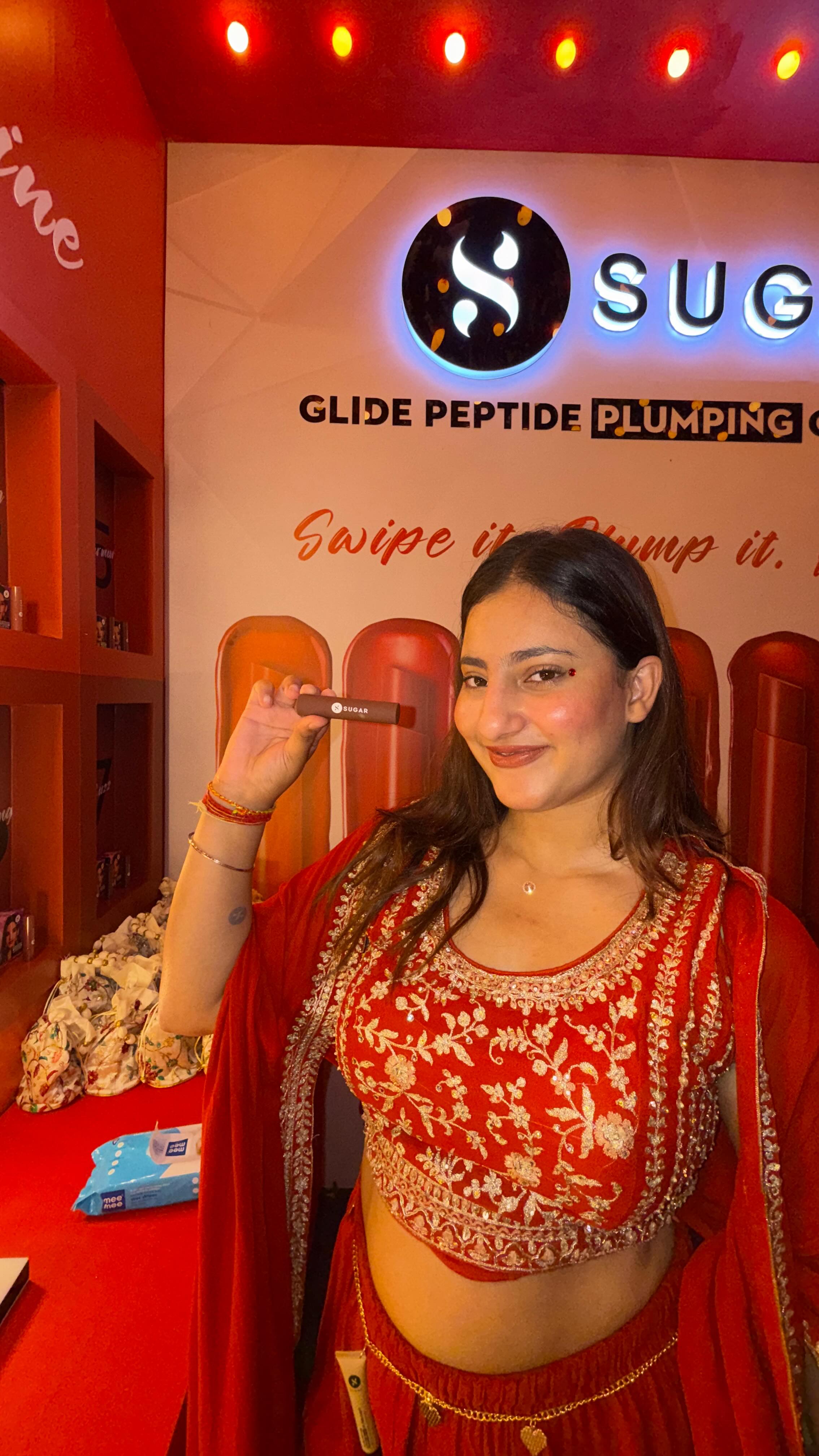 Instagram post by @vanyanagpal._ for SUGAR Cosmetics. Caption reads: @trysugar in love with this new lipgloss🍓😋 nd....