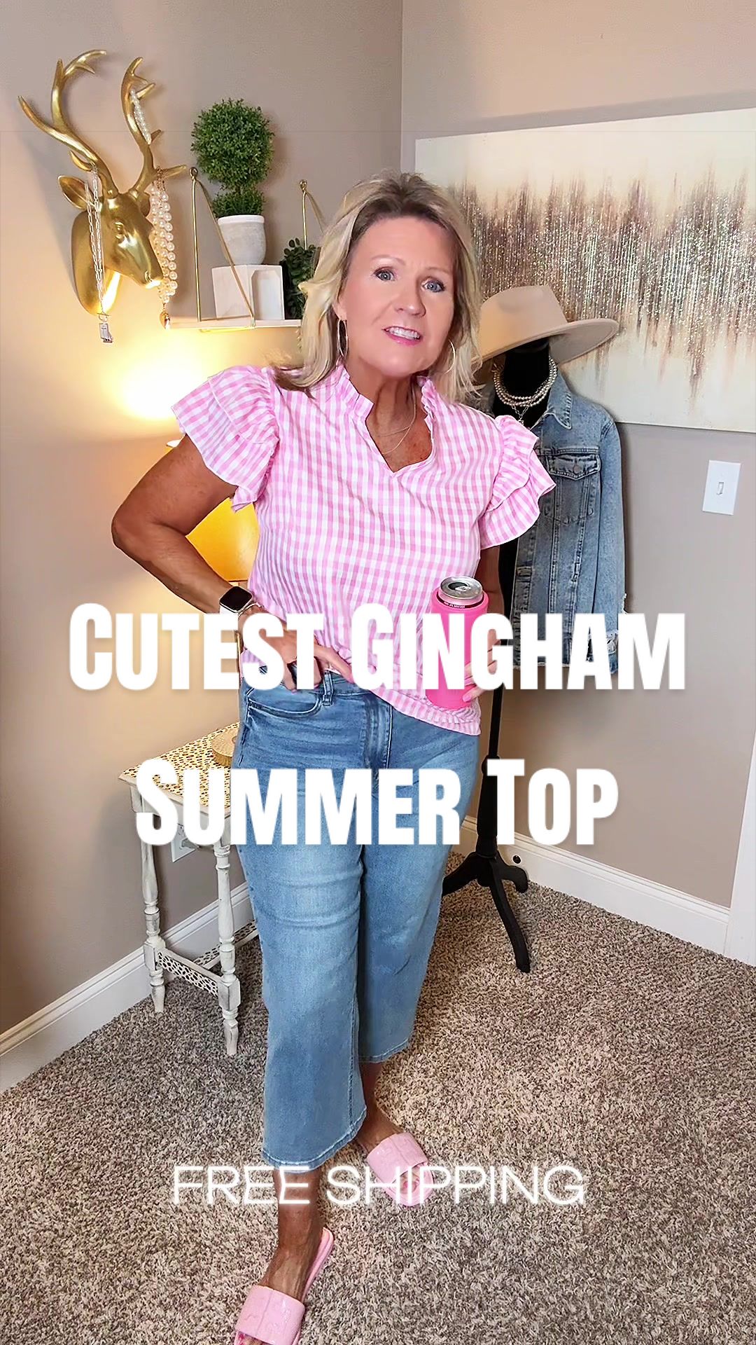 TikTok post by @winnieswonders1 for Shewin Official US. Caption reads: Cutest gingham summer top with fun ruffle sleeves,....