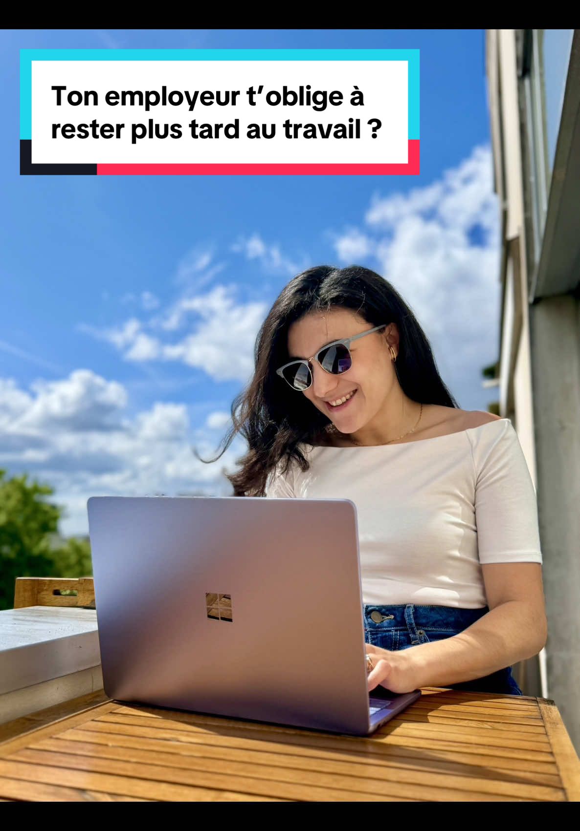 TikTok post by @inesetledroit for Microsoft. Caption reads: Une journée dans la peau d’un salarié bien équipé....