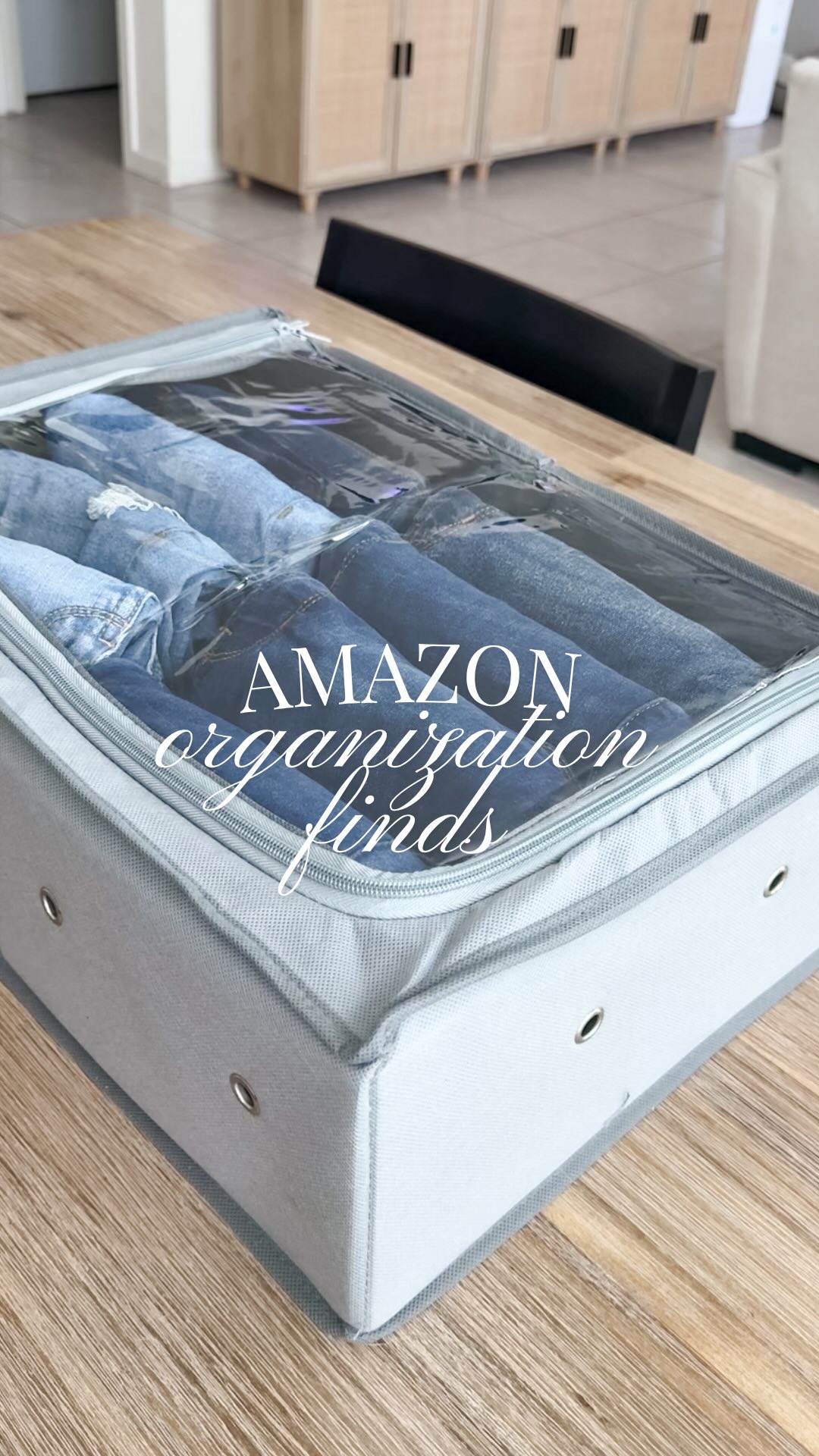 Instagram post by @allthingsjudyy for DELAMU. Caption reads: Amazon Organization Finds! 🤍 These storage bins....