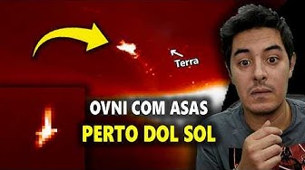 YouTube post by @Galeriadometeorito for Hotmart. Caption reads: GIANT UFO WITH WINGS APPEARS NEAR THE SUN -....