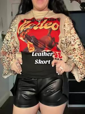 TikTok post by @skye.co23 for Trendy Queen. Caption reads: [...] #fallskirt #skort #leatherskirt @TrendyQueen.