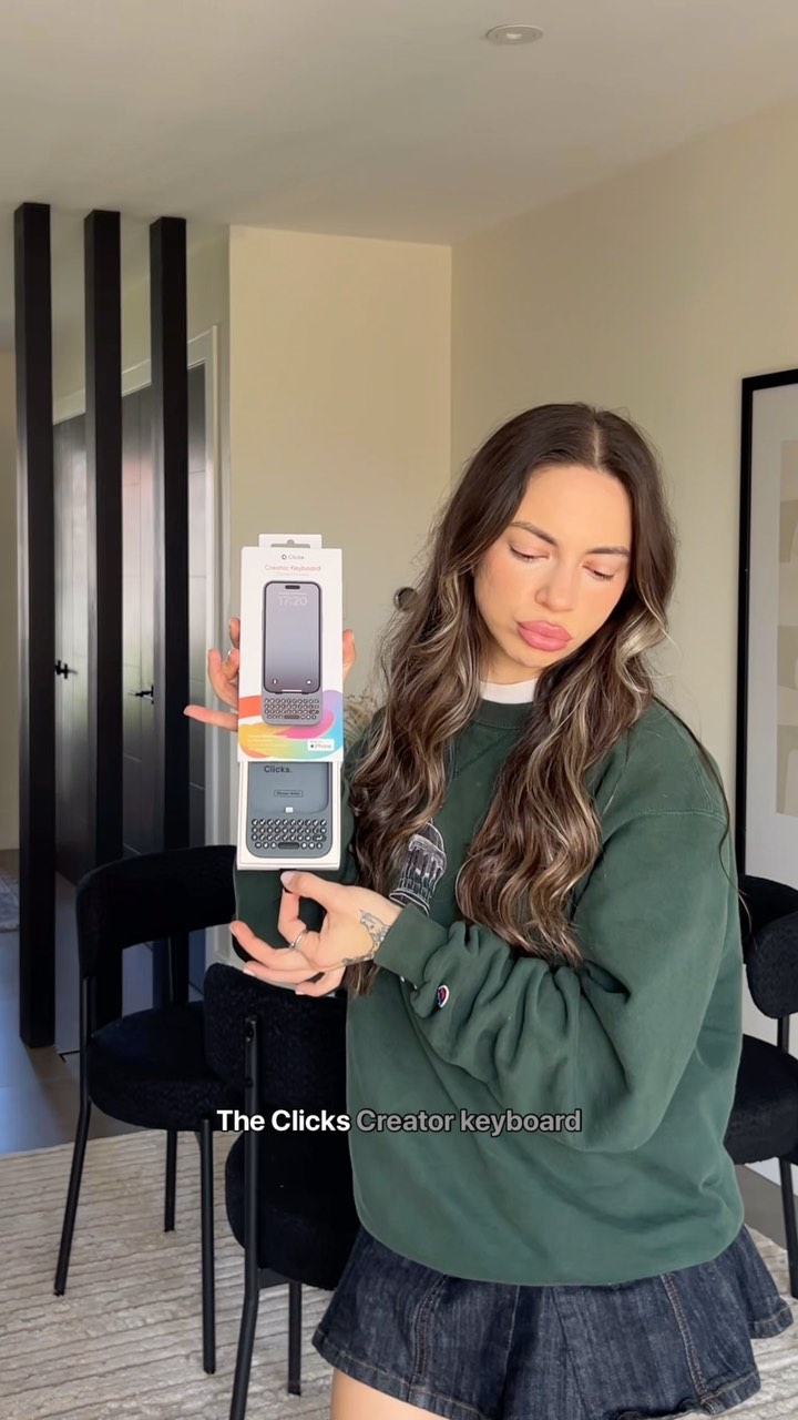 Instagram post by @katviras for Clicks. Caption reads: Loving my new @clickskeys keyboard for iPhone’s 📱....