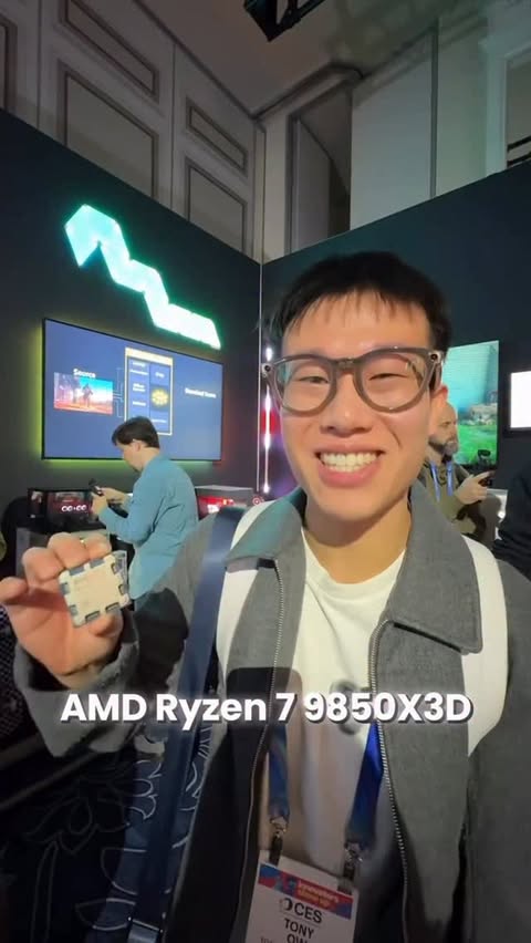 Instagram post by @tonytechbytes for AMD. Caption reads: Hands on with the @amd Ryzen 7 9850X3D at #ces2026....