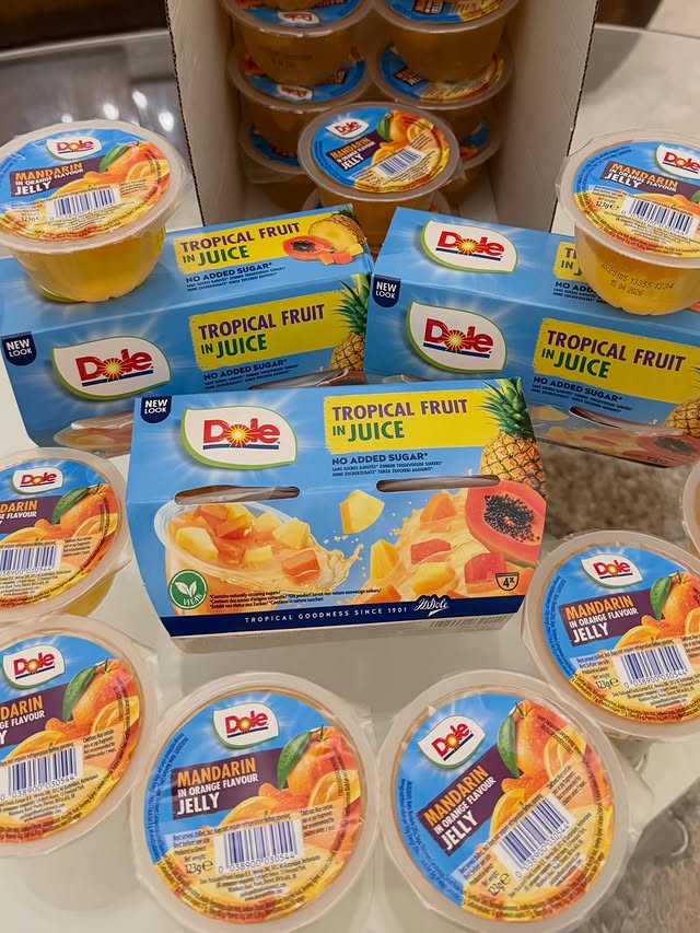 Instagram post by an influencer for Dole Fruits UK. Caption reads: Dole Fruit pots and fruit in Jelly. AD - Thank you....