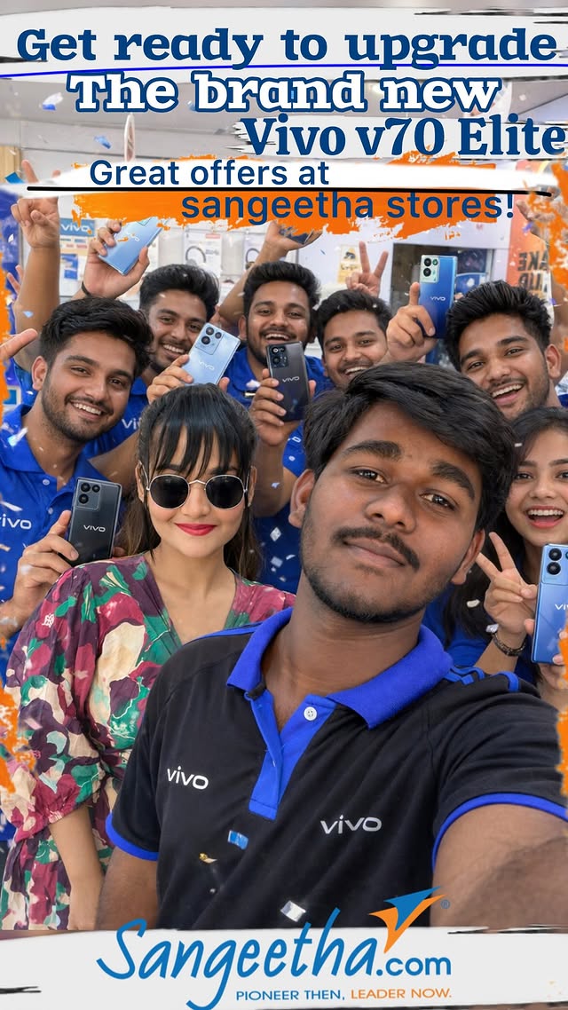 Instagram post by @shivani.rauv for Sangeetha Mobiles. Caption reads: [...] the all-new Vivo V70 Elite at Sangeetha....