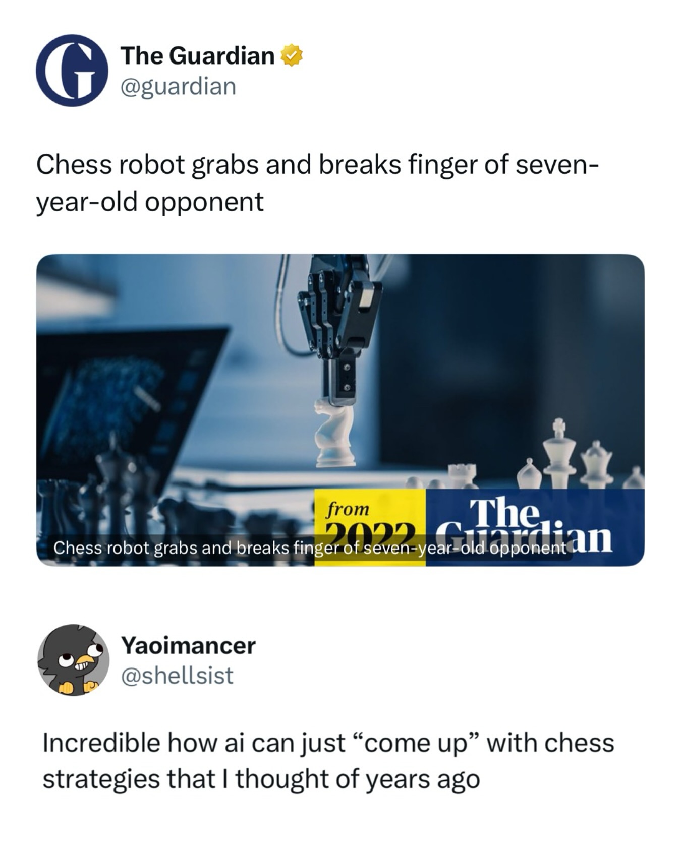 Instagram post by @moistbuddha for The Guardian. Caption reads: Can the chess robot do this 👊

@guardian / X....