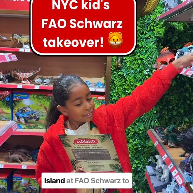 Instagram post by @nycmamaplus2 for FAO Schwarz. Caption reads: [...] us up! Schleich Imagination Island at FAO....