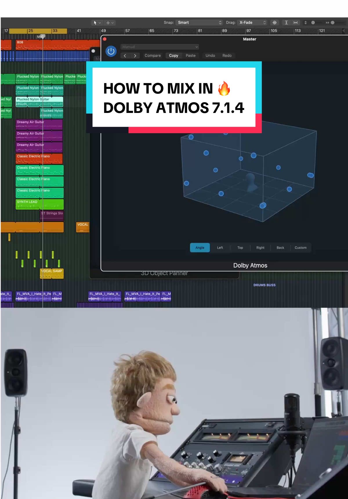 TikTok post by @realestpuppet for Eventide Audio. Caption reads: How to mix a song in Dolby Atmos 7.1.4 with Logic....
