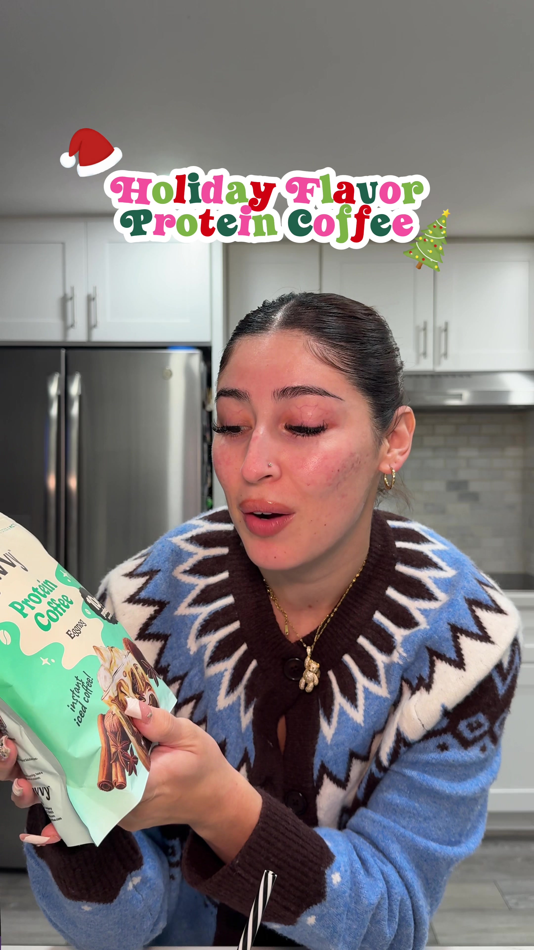 TikTok post by @kaylamzaa for Javy Coffee. Caption reads: Baby we have eggnog at home PLUS 10 GRAMS OF....