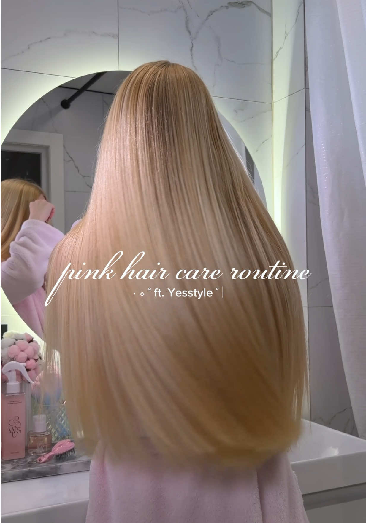 TikTok post by @chrustal for YesStyle. Caption reads: Pink hair care routine with @YesStyle 💚✨ Use....